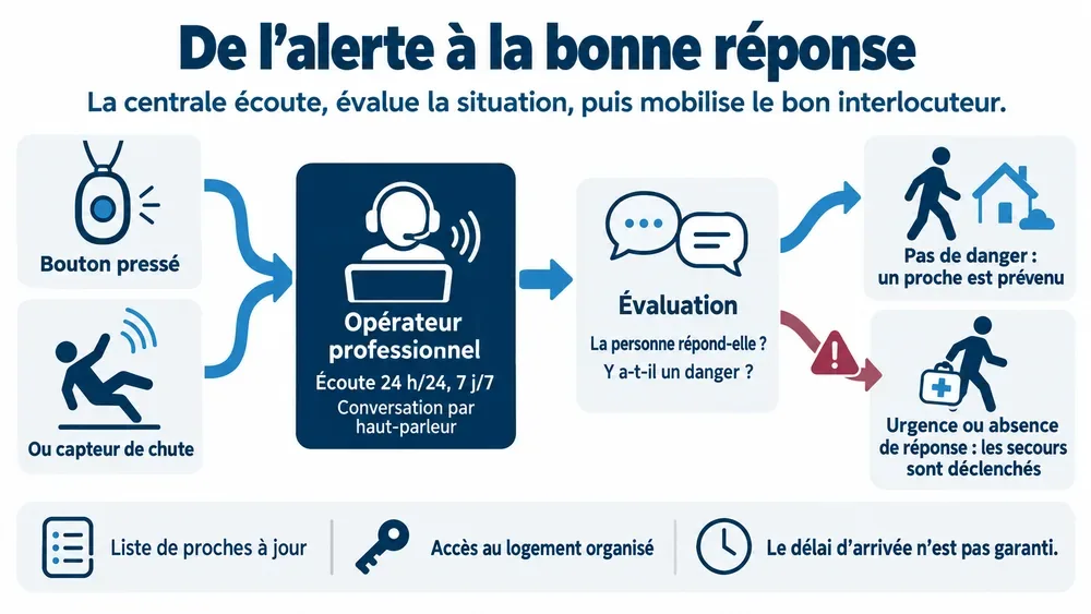 De l’alerte à la bonne réponse : la centrale écoute, évalue la situation, puis mobilise le bon interlocuteur.