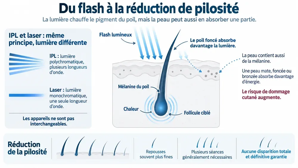 Du flash à la réduction de pilosité : la lumière chauffe le pigment du poil, mais la peau peut aussi en absorber une partie.