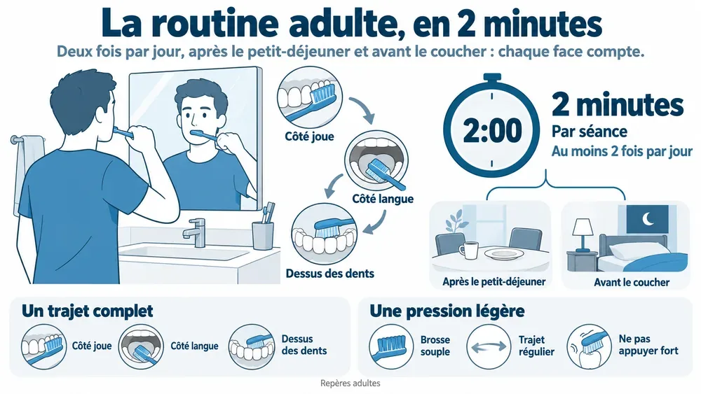 La routine adulte, en 2 minutes. Deux fois par jour, après le petit-déjeuner et avant le coucher : chaque face compte.
