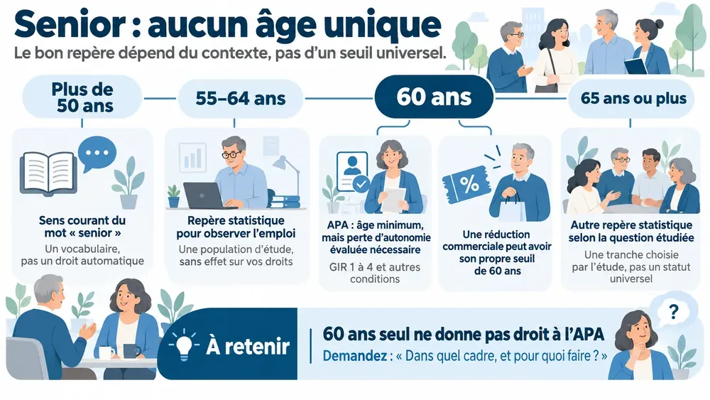 Senior : aucun âge unique. Le bon repère dépend du contexte, pas d’un seuil universel.